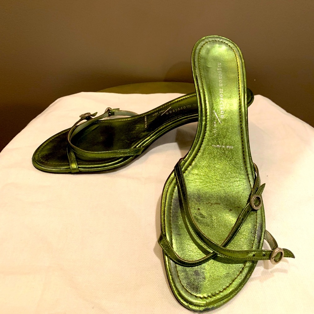 Sigerson Morrison golden green strappy kitten heel